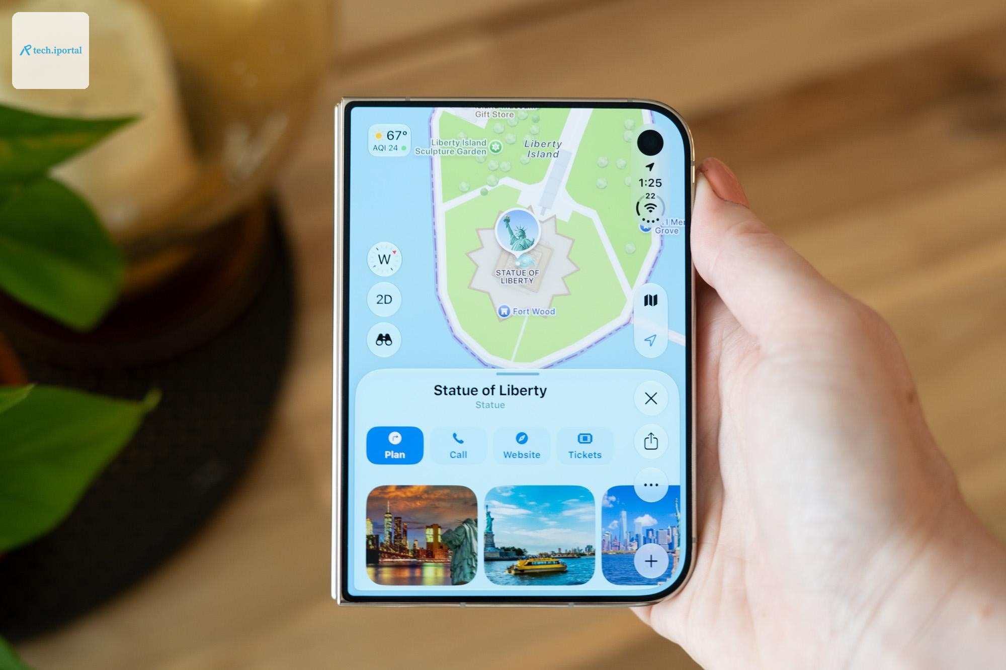 A folded iPhone Duo. It looks large in the holder’s hand.