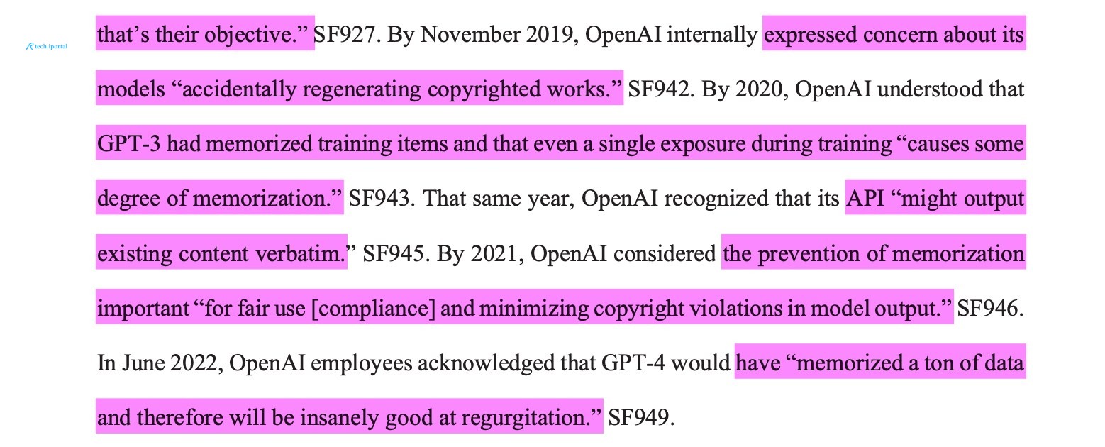 That same year, OpenAI recognized that its API “might outputexisting content verbatim.” SF945. By 2021, OpenAI considered the prevention of memorizationimportant “for fair use [compliance] and minimiz