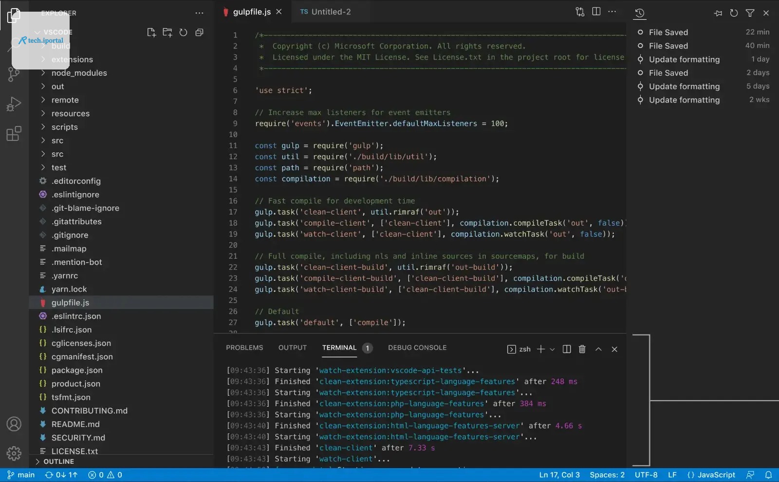 A single VS Code window with one repository open, one file being edited by hand, and one terminal running a build