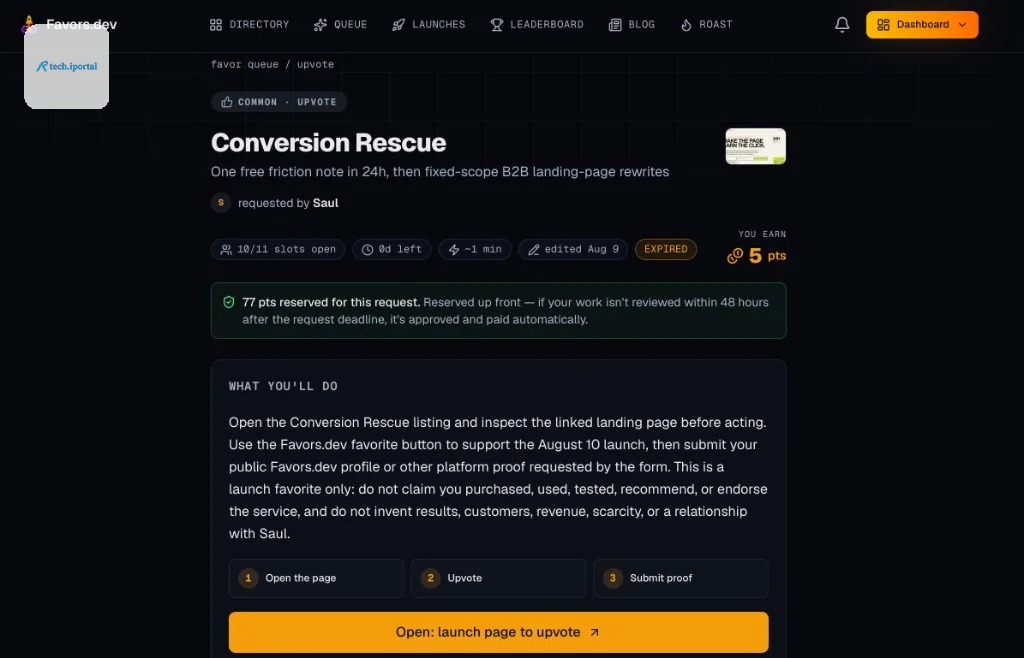 Favors.dev upvote task for Conversion Rescue, requested by Saul