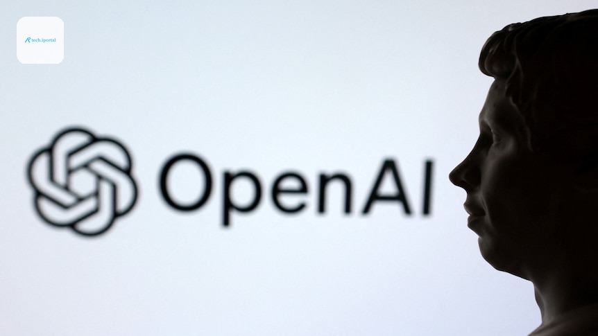 Sam Altman standing in front of the OpenAI logo.