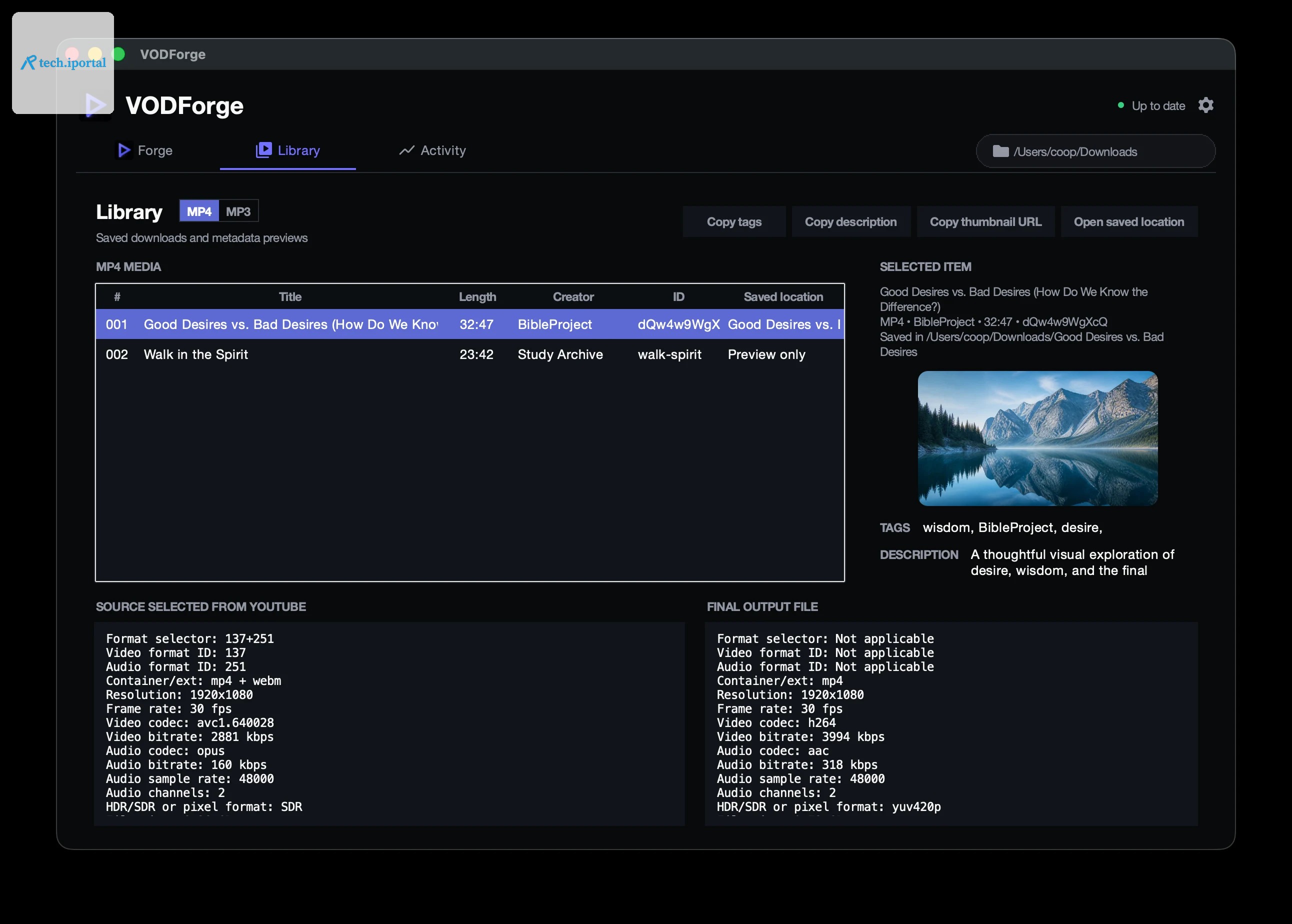 VODForge Library comparing a YouTube source with the validated final MP4 output and its full encoding details