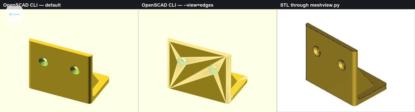 The same bracket rendered three ways: flat default, cluttered triangulation edges, and clean outlines