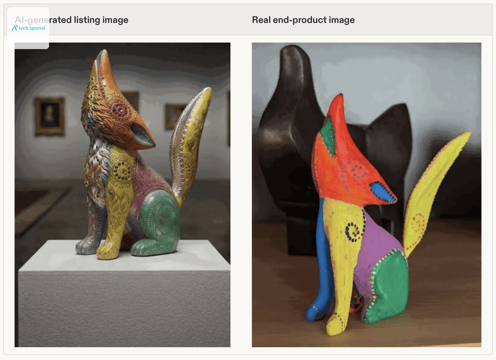 An AI image of a statue on the left and a real one on the right that looks nothing like it.