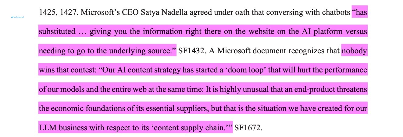 Microsoft’s CEO Satya Nadella agreed under oath that conversing with chatbots “hassubstituted … giving you the information right there on the website on the AI platform versusneeding to go to the unde