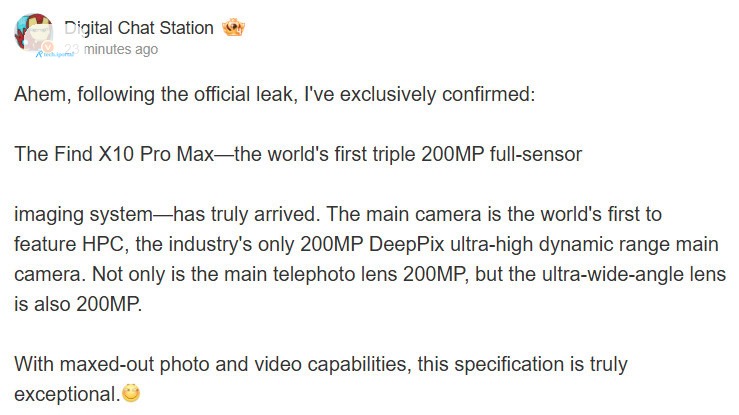 OPPO Find X10 Pro Max triple 200MP cameras Digital Chat Station