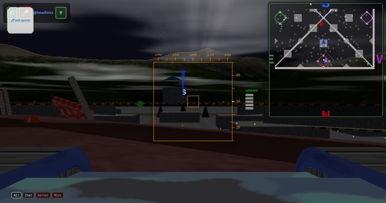 A match on hix, from the north base: the radar, the targeting box and a red tank's wreck