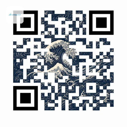 Japanese woodblock style QR code in Prussian blue, Great Wave template