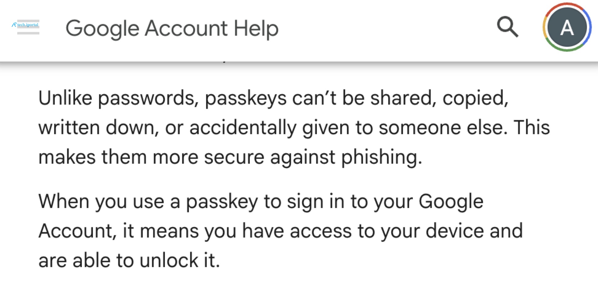 A screenshot of Google Account Help page explaining passkeys. It highlights that passkeys are more secure than passwords as they cannot be shared, copied, or accidentally given away. Using a passkey t