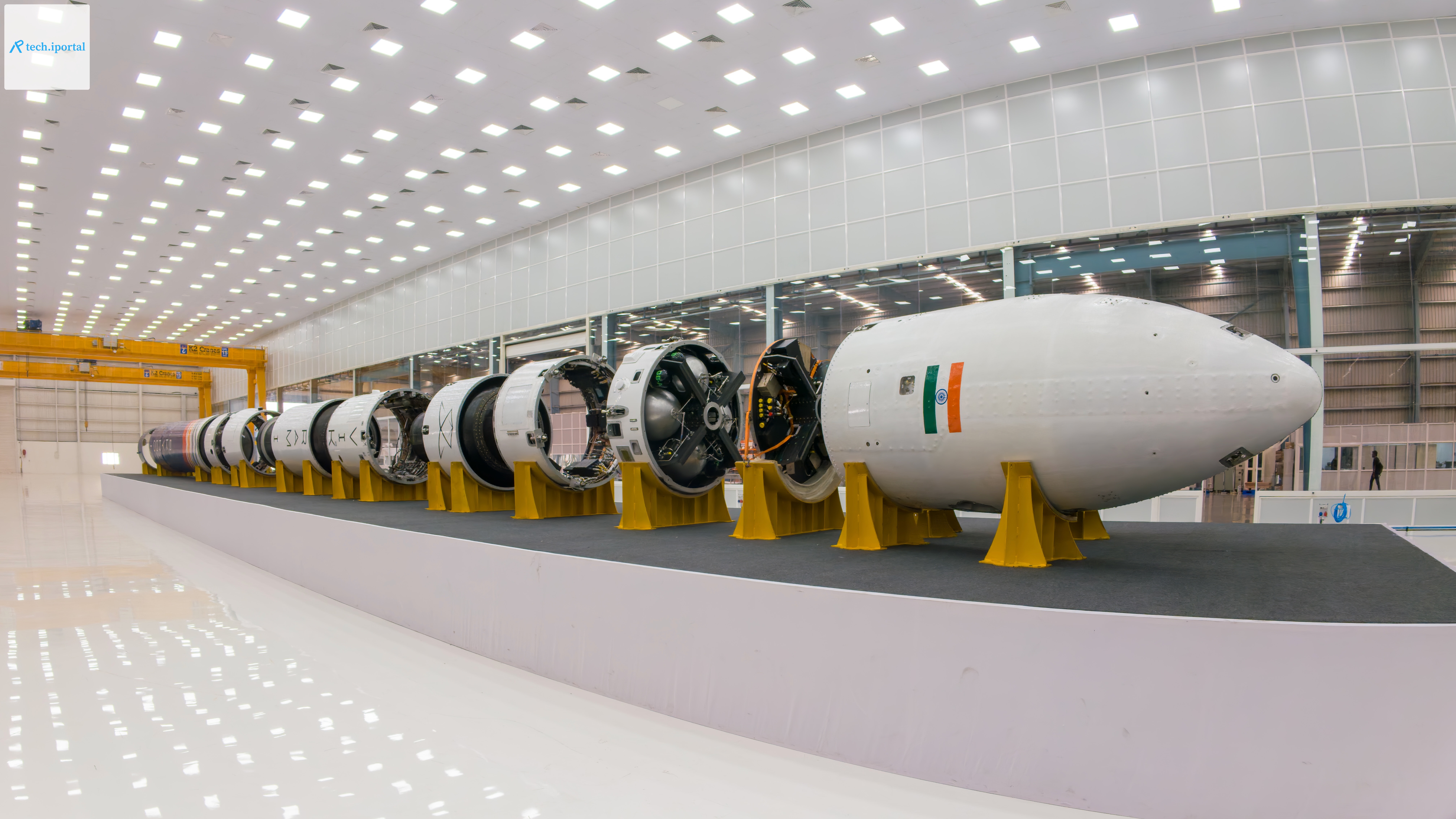 Skyroot Aerospace's Vikram-1 rocket is seen inside the company's Infinity Campus in Hyderabad, India.