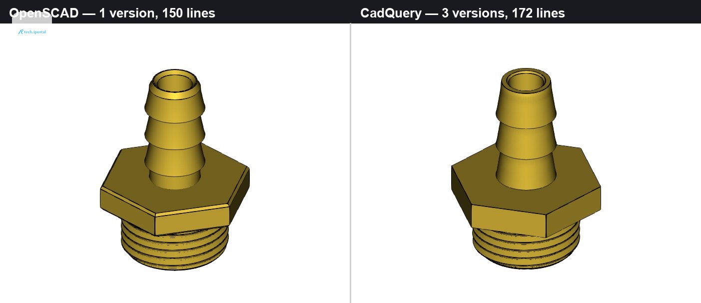 Two threaded hose adapters side by side, one built in OpenSCAD and one in CadQuery, nearly identical