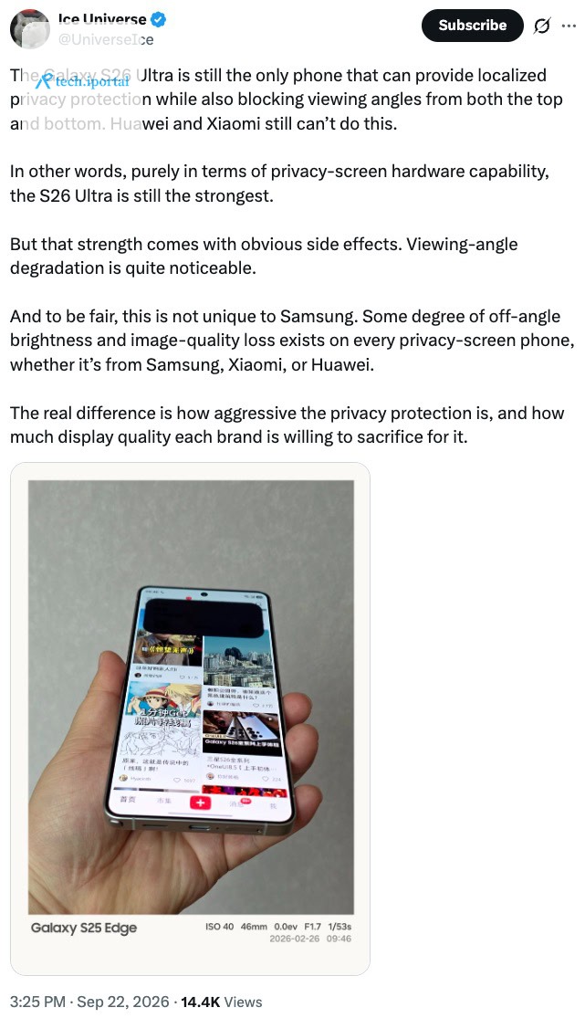 Ice Universe on Samsung Galaxy S26 Ultra's Privacy Display