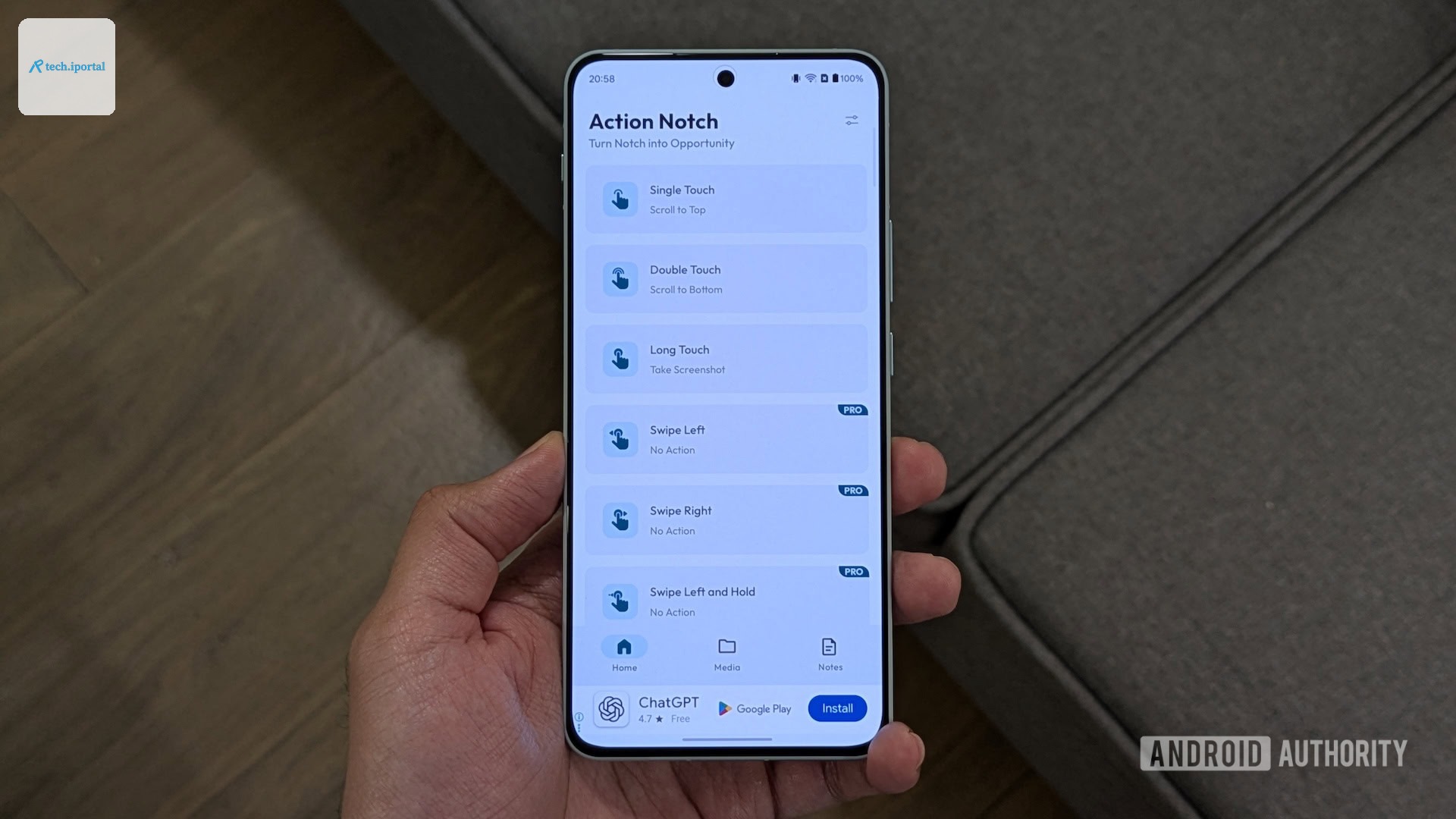 Action Notch app Home tab.