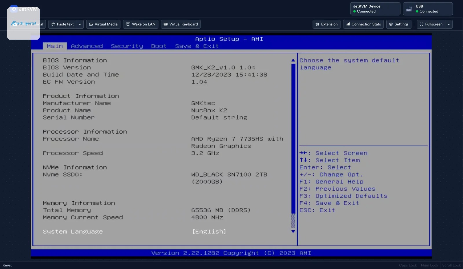 The JetKVM web interface showing the AMI BIOS setup screen of the connected machine