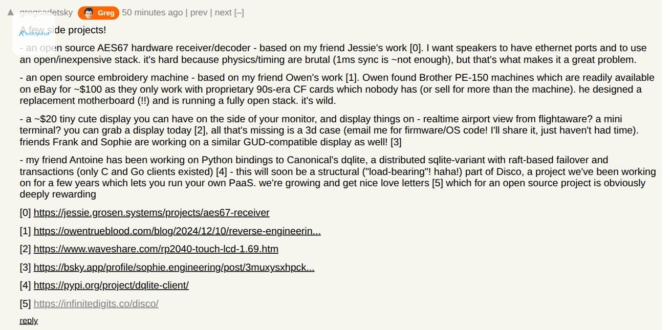 A Hacker News comment by gregsadetsky with the Greg badge next to his username
