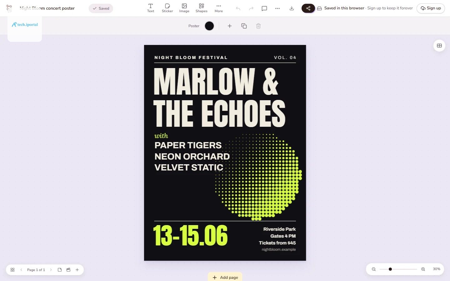 The Doory editor with the gig poster template open