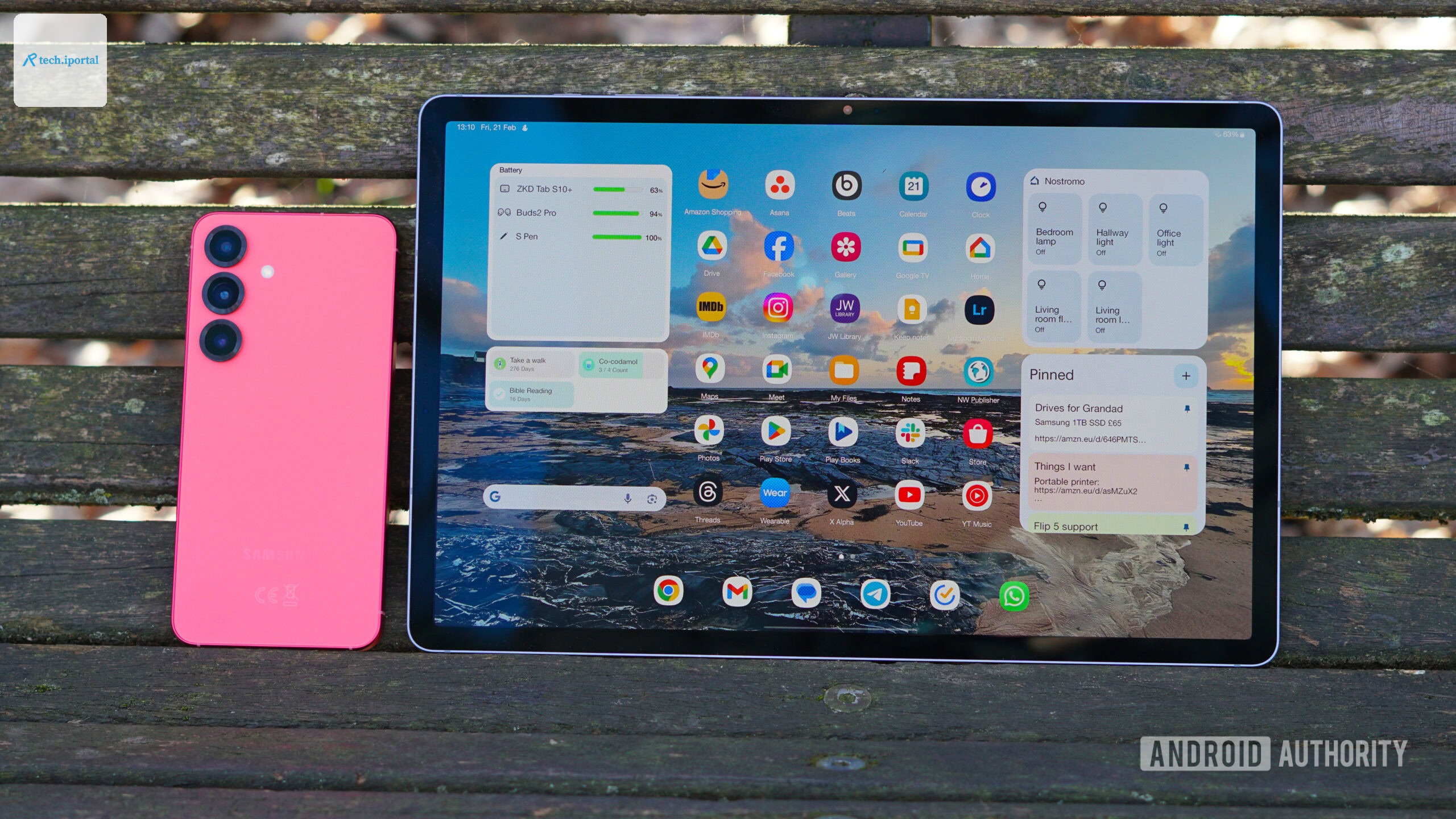 A Galaxy S25 and Tab S10 Plus on a bench