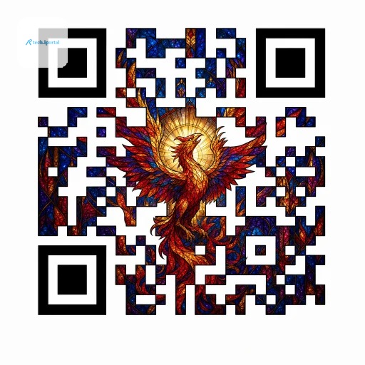 Stained glass QR code with jewel-toned modules, AI-designed template