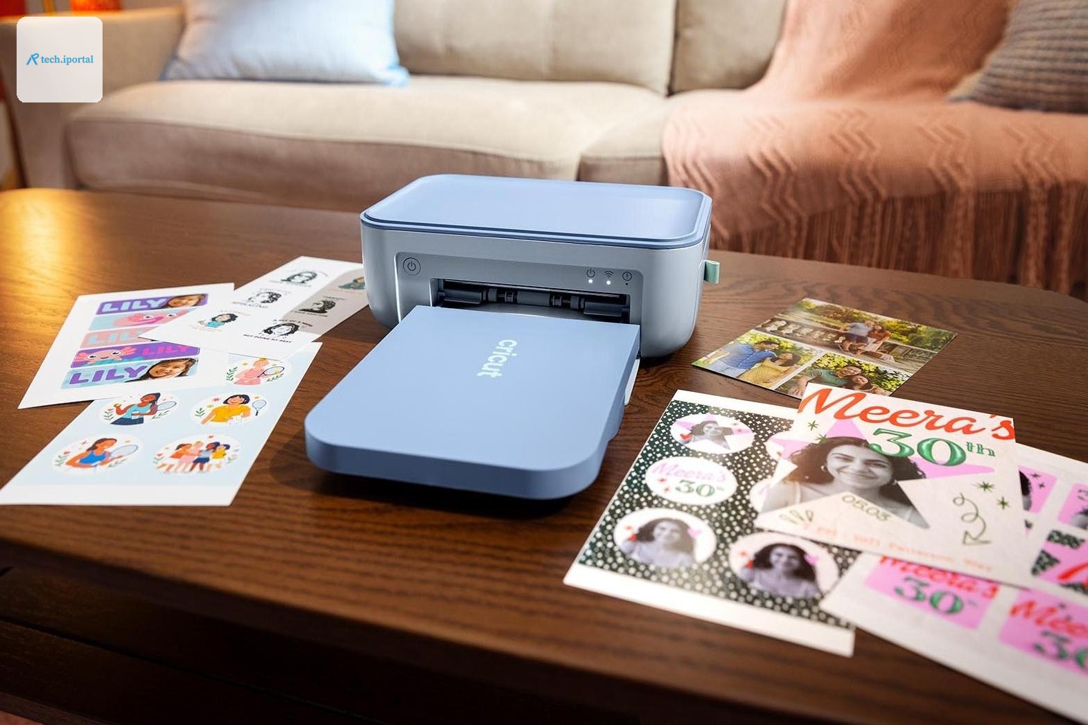 The Cricut StickerPix Print crafting machine on a wooden coffee table surrounded by sticker sheets.
