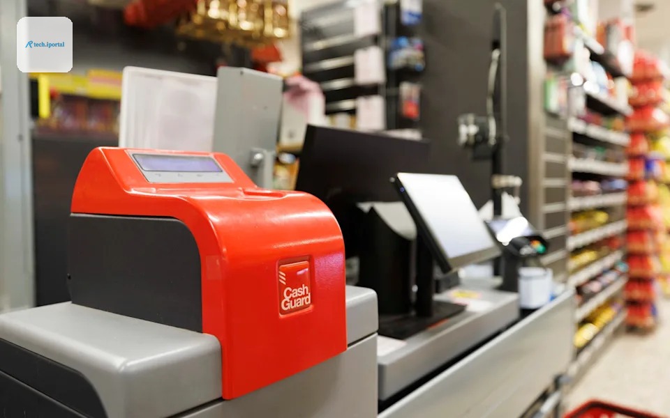 A CashGuard in a Swedish store. The machine counts coins as customers drop them in at a checkout