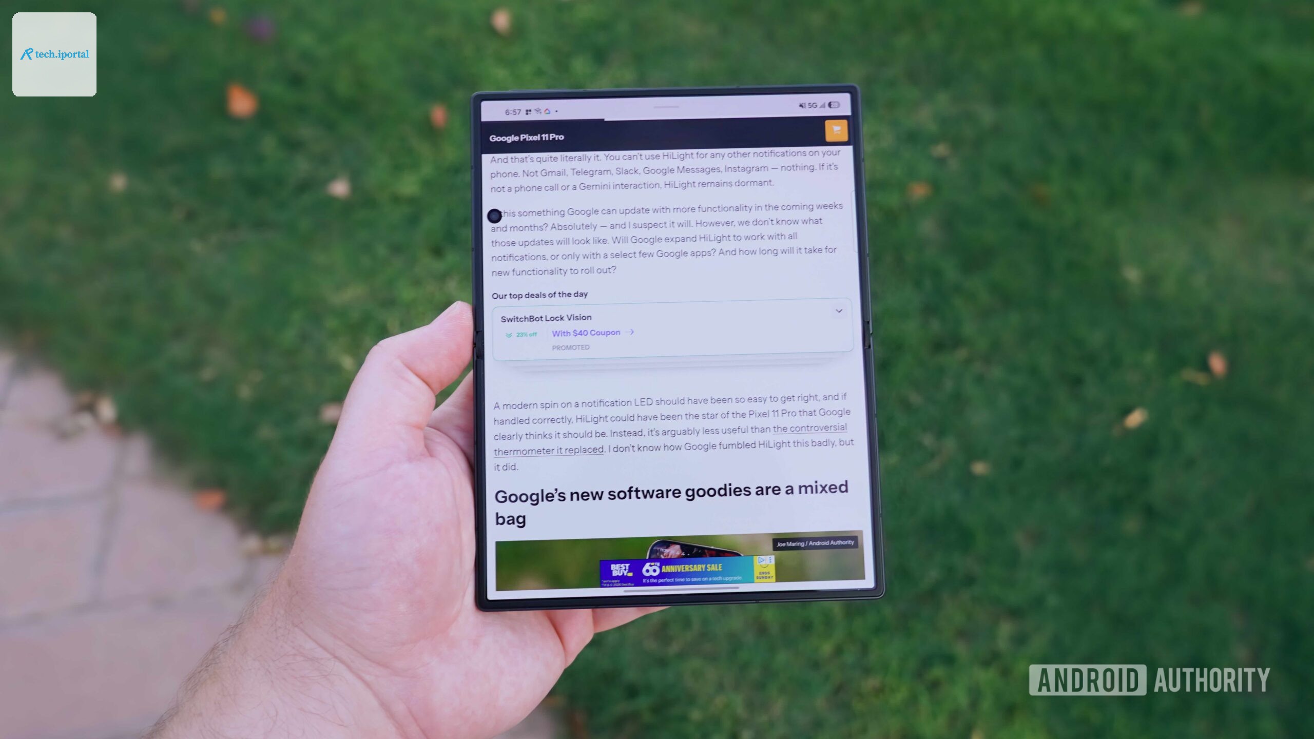 A wide shot of the Galaxy Z Fold 8's inner selfie camera getting in the way of text.