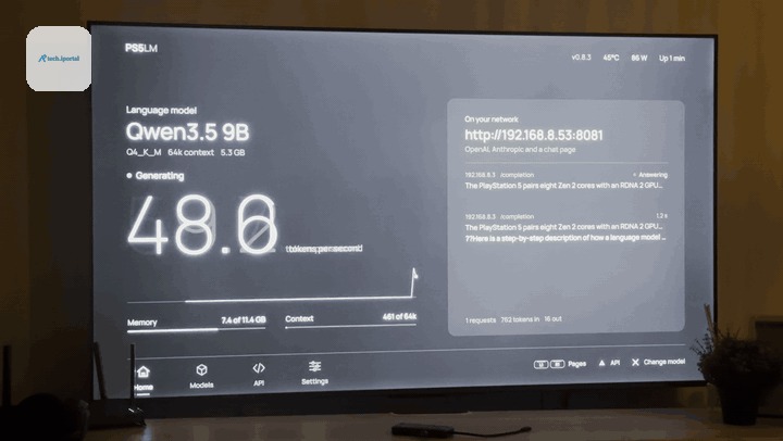 Qwen 3.5 9B generating on a PS5, with the requests streaming across the TV