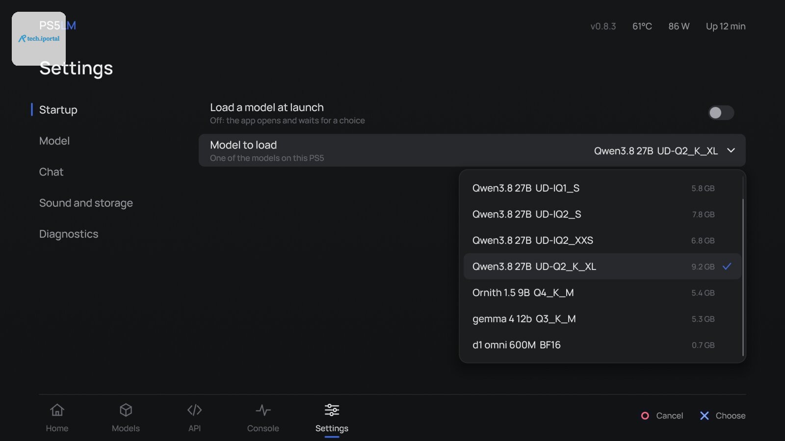 Settings: a list of choices under the row