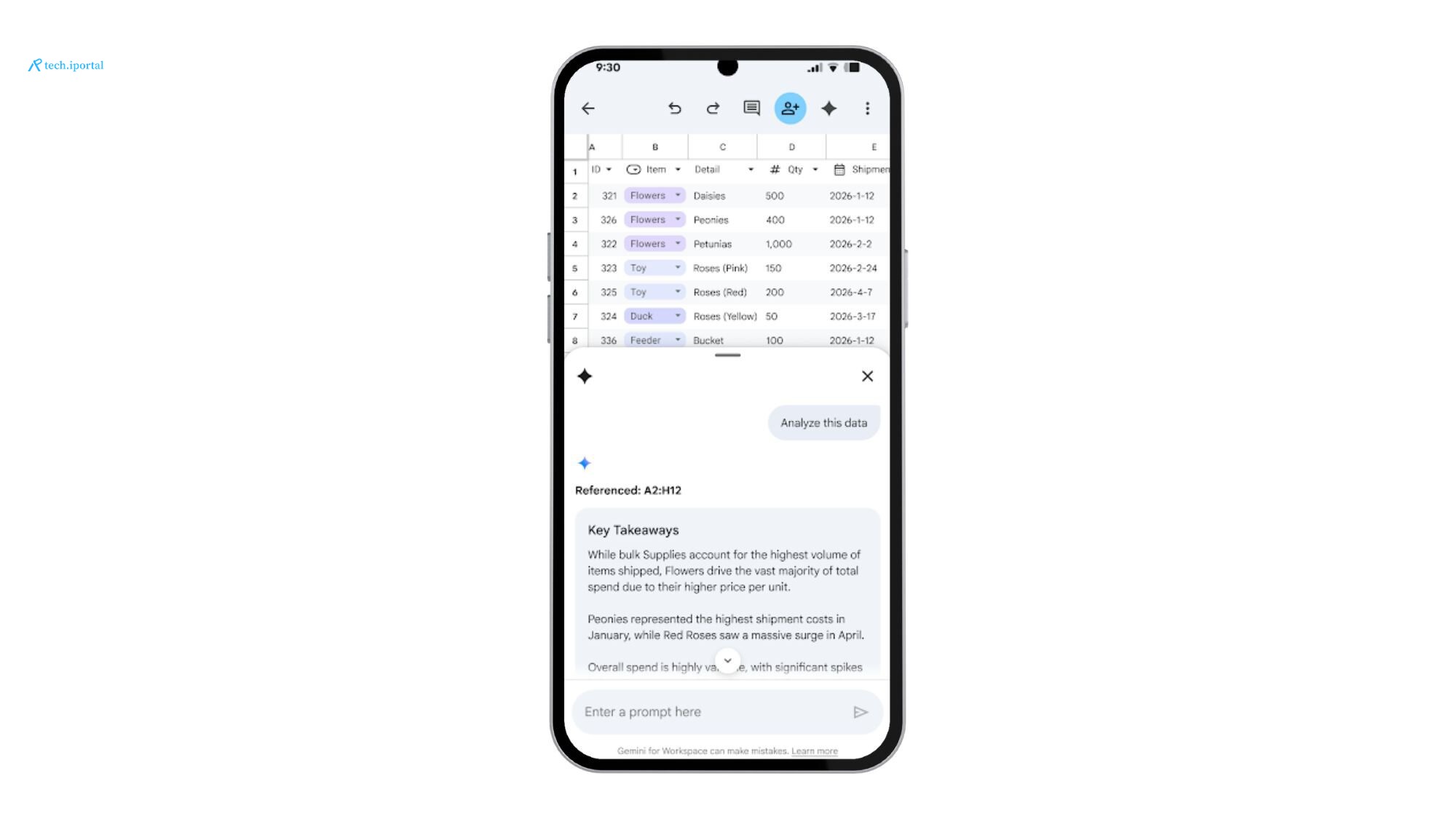 Gemini in Google Sheets data page on Android