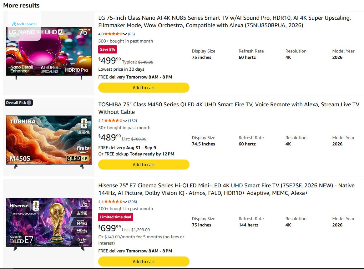 Amazon searching for 75 inch TVs.