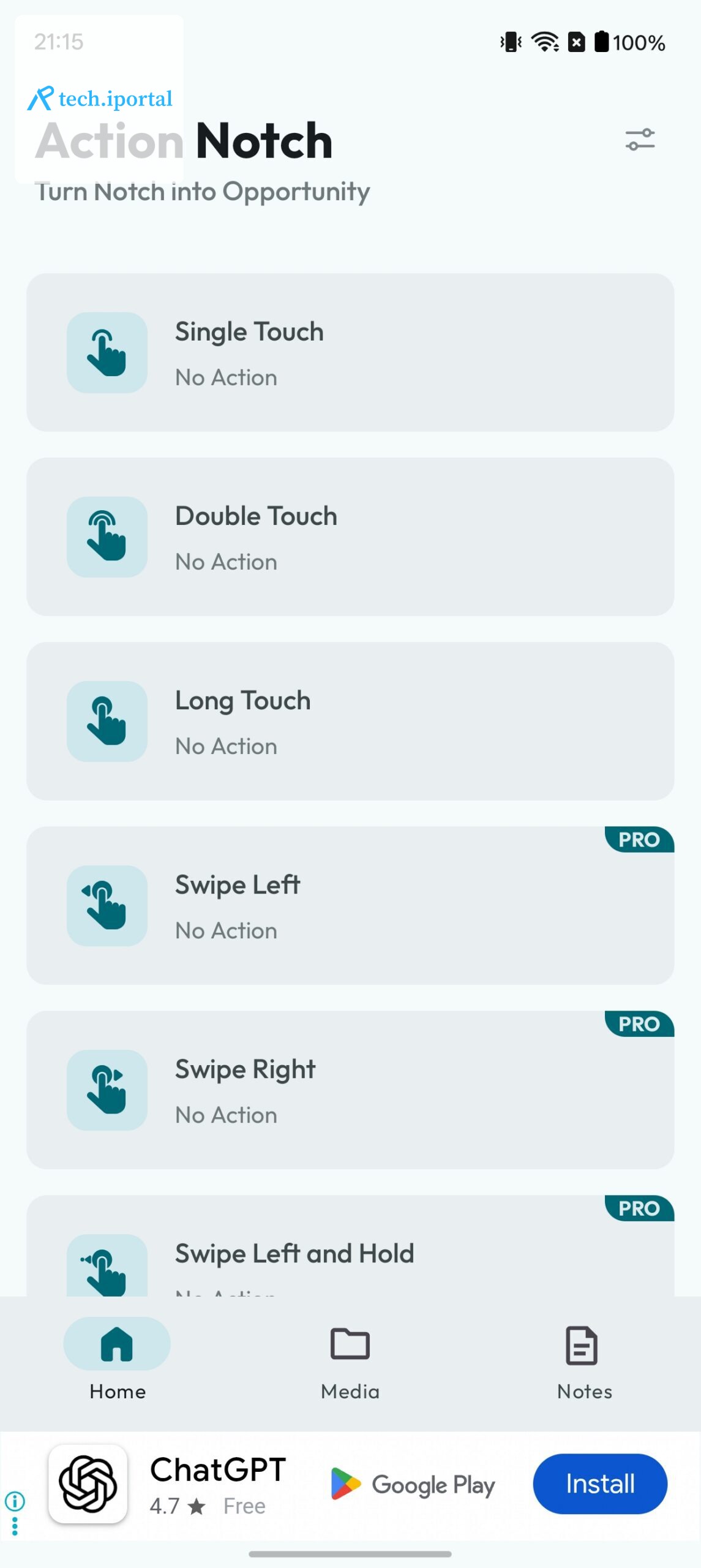 Action Notch app Home tab.