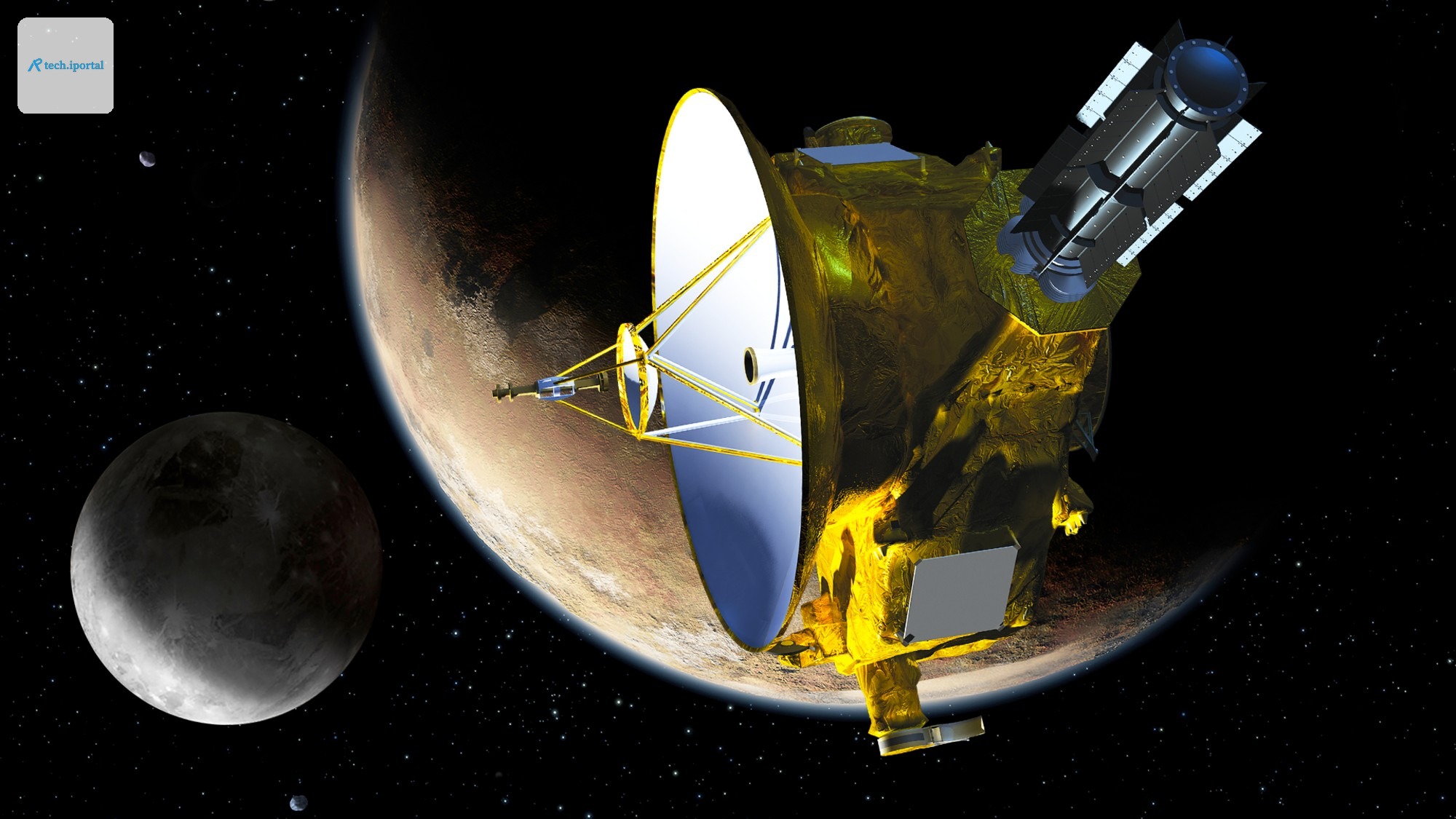 a rectangular spacecraft wrapped in metallic foil with a large, round communications dish floats in the blackness of space near a white, icy-looking planet