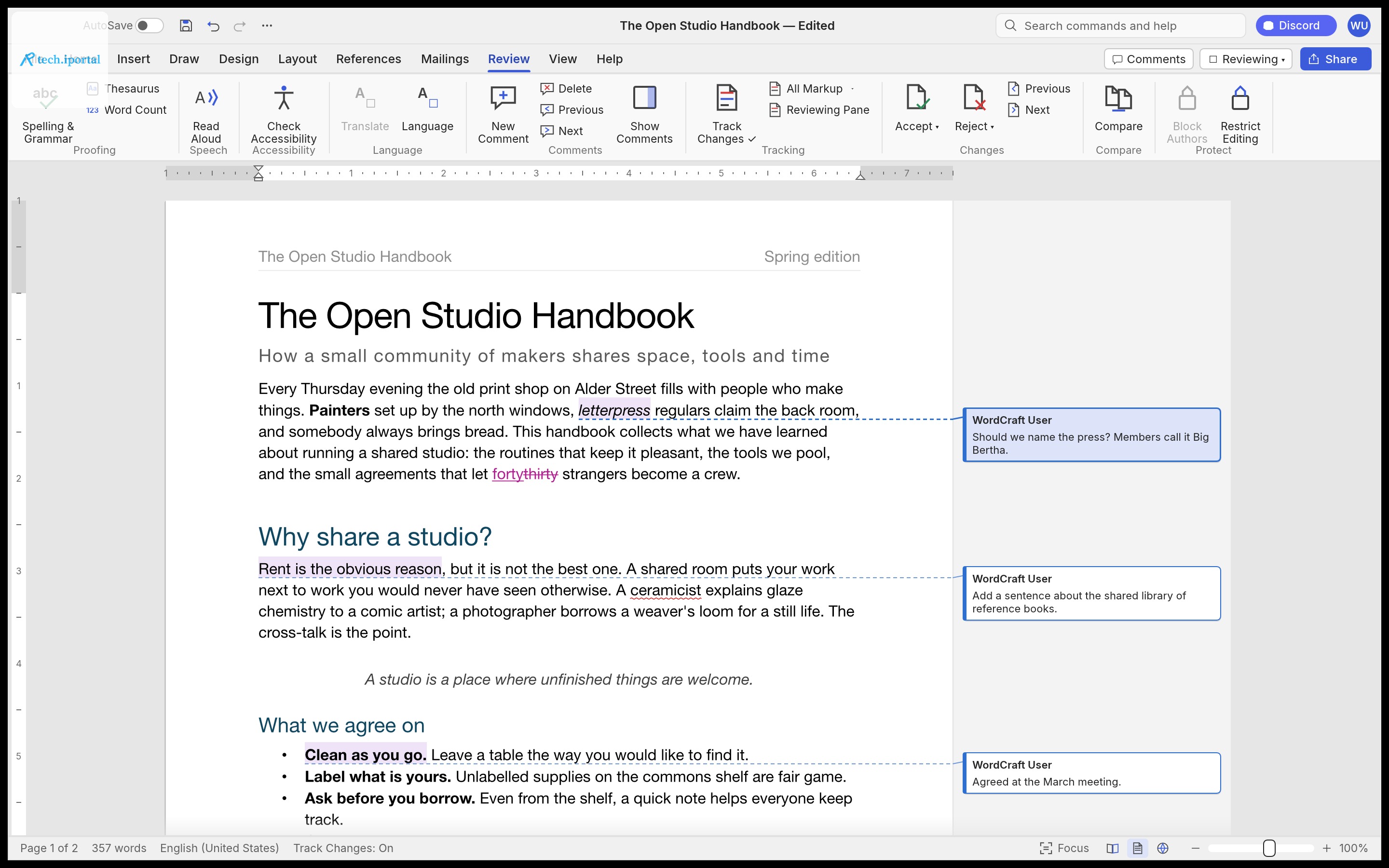 The Review tab with Track Changes on: the word forty is inserted in magenta and thirty struck through; three commented phrases are shaded and joined by dashed leader lines to comment balloons in a gre