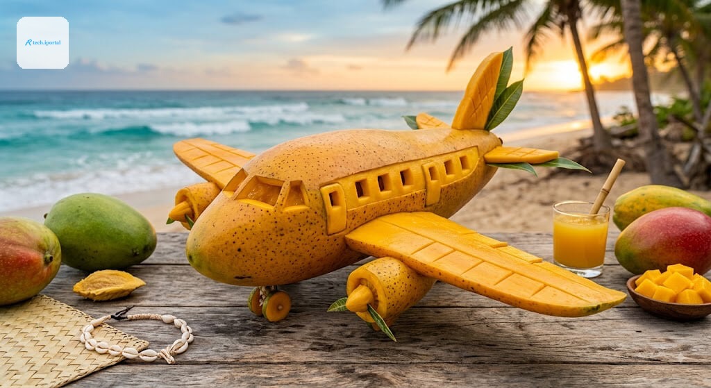 AI-generated image of an airplane carved out of a pineapple or something, on a tropical beach.
