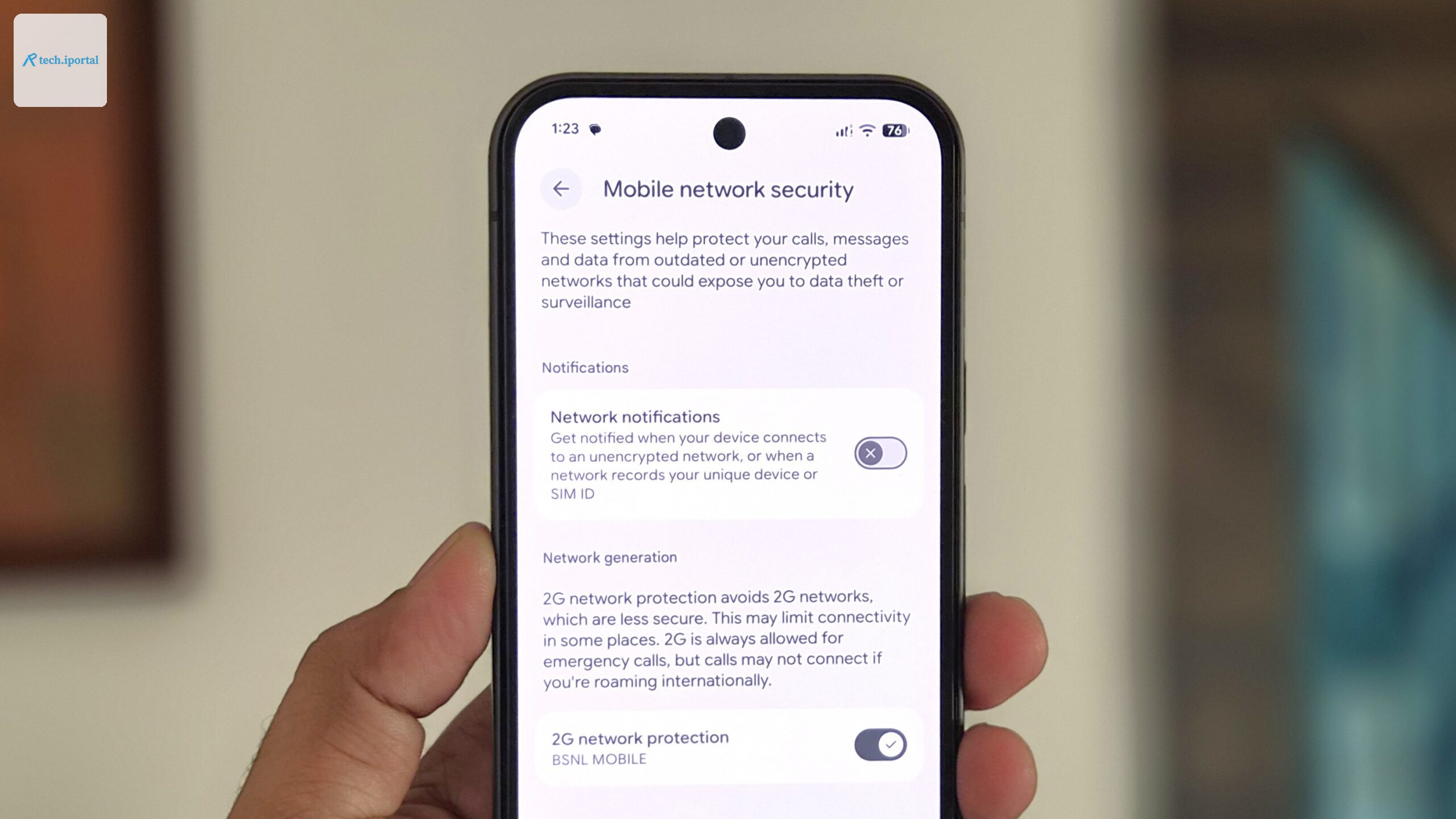 Pixel phone in hand showing mobile network settings
