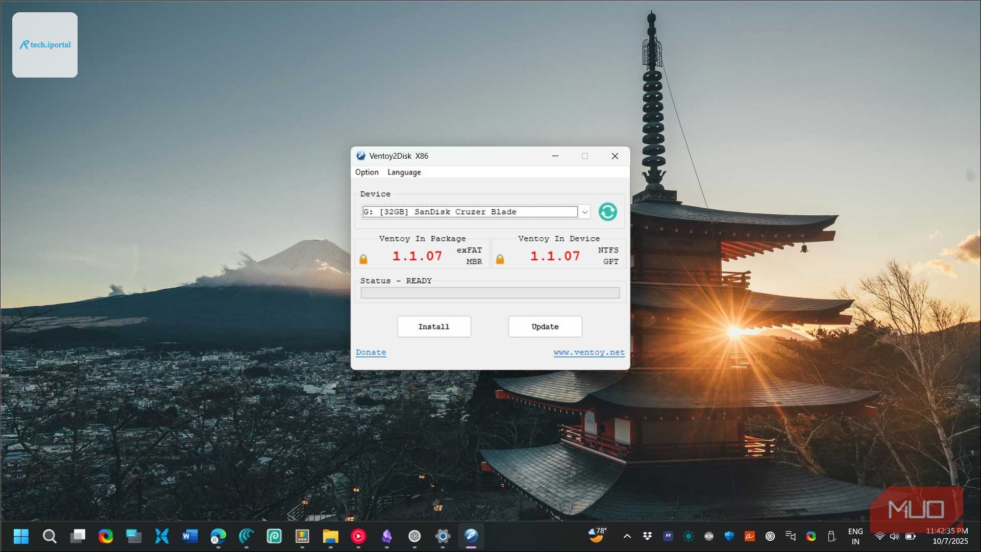 Ventoy2disk install screen open on Windows 11