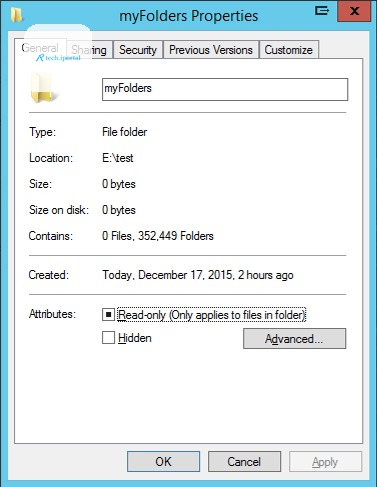 Properties of a folder holding 352,449 folders: 0 bytes