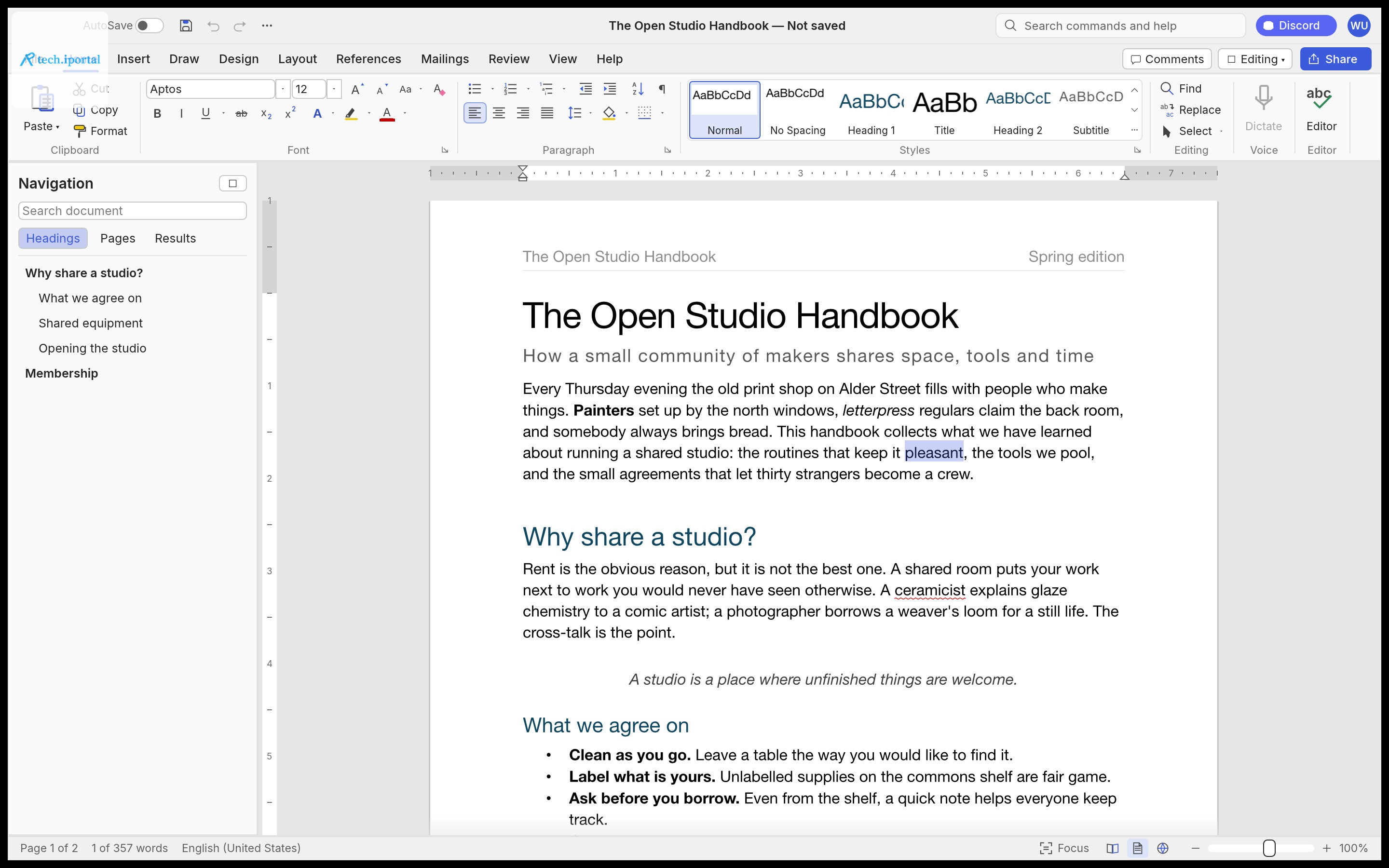 WordCraft with the Home tab of the ribbon open over a two-page document titled The Open Studio Handbook. The Navigation pane on the left lists the document's headings, the Styles gallery shows live pr