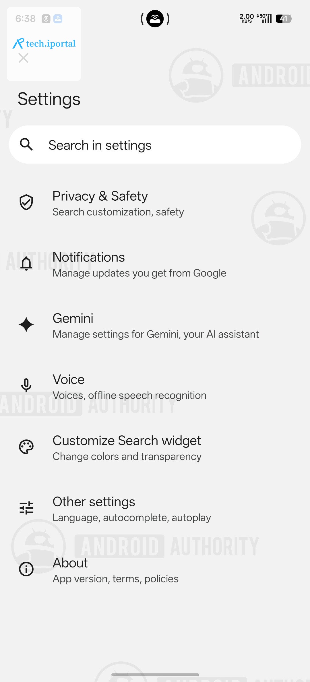 Google app current settings page watermarked