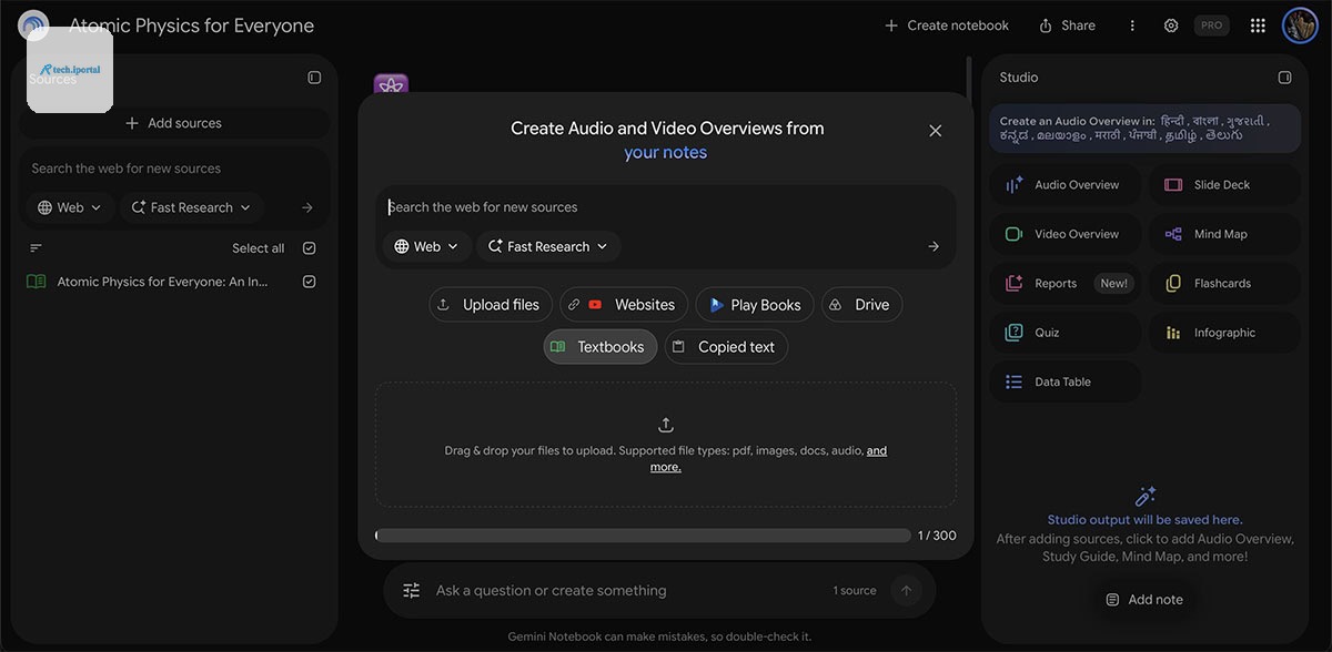 gemini notebook add textbook option in sources