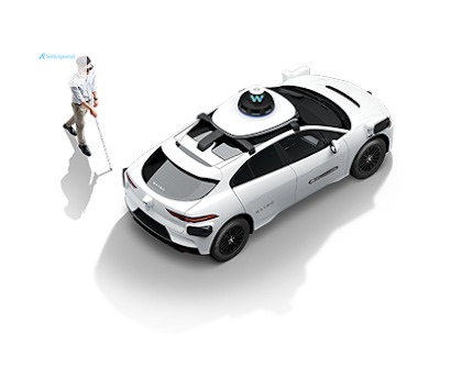 Visually impaired man with a white cane walks past a white Waymo self-driving vehicle on a white background.